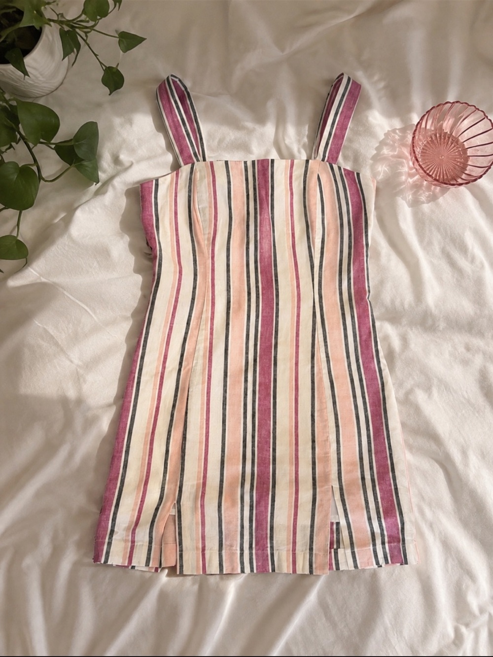 Forever 21 Striped Linen Look Mini Dress Pink Cream Size S Fits XS